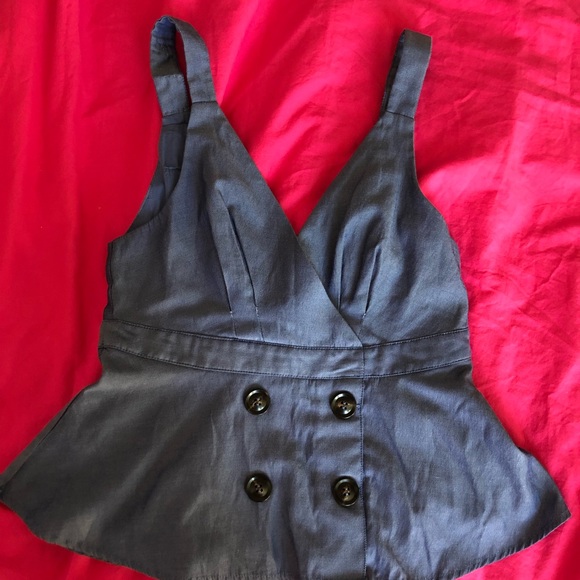 Peplum Double Breasted Button Front Faux-Jean Blue Top - Picture 3 of 5